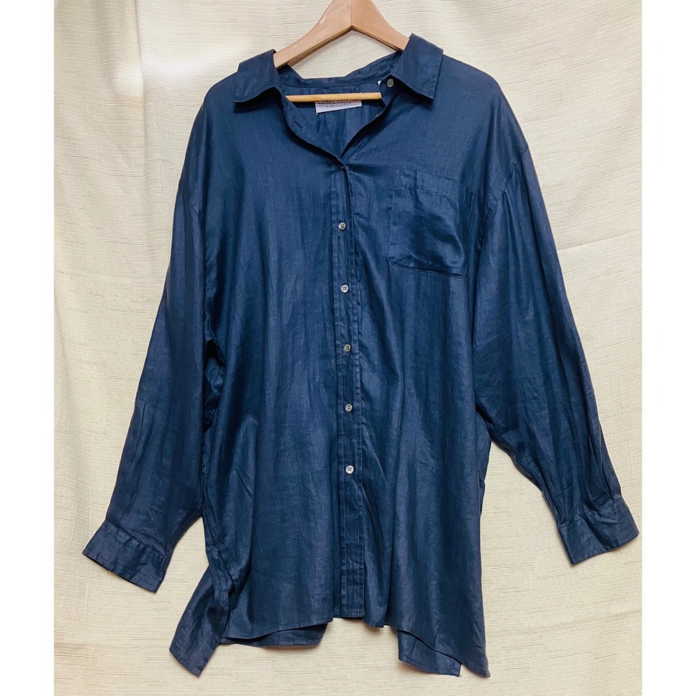 Valerie Stevens II Button Down Women 22W Navy Excellent Pure Linen Long Sleeve